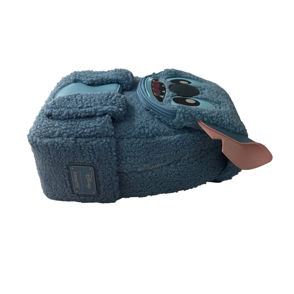 Disney Loungefly Stitch Sherpa Mini Backpack Blue Faux Shearling 3D Ears Bag